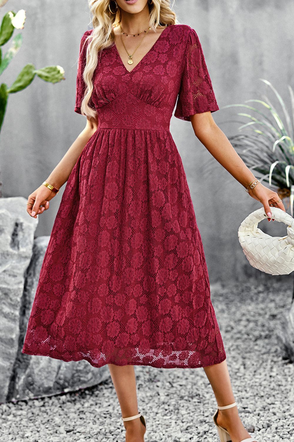 V-Neck Puff Sleeve Lace Midi Dress