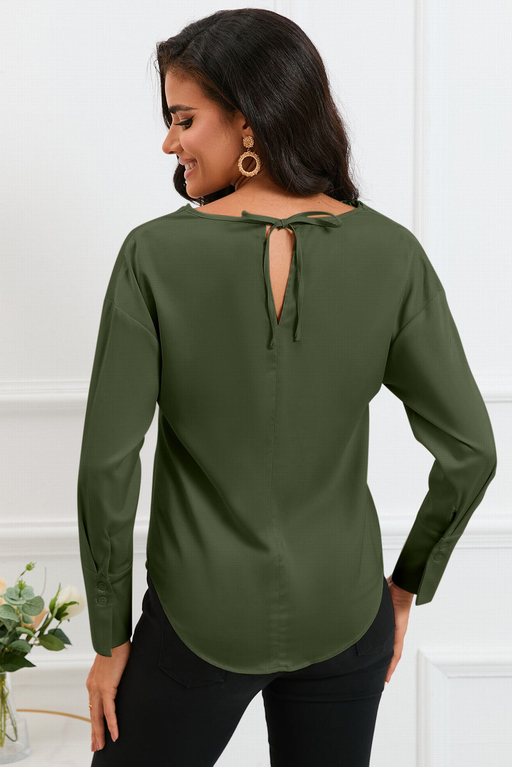 Cowl Neck Dropped Shoulder Long Sleeve Back Tie Blouse