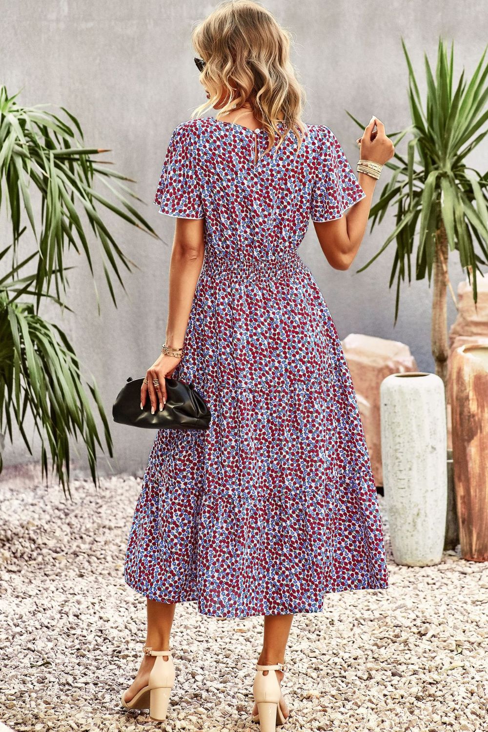 Floral Puff Sleeve Tiered Midi Dress