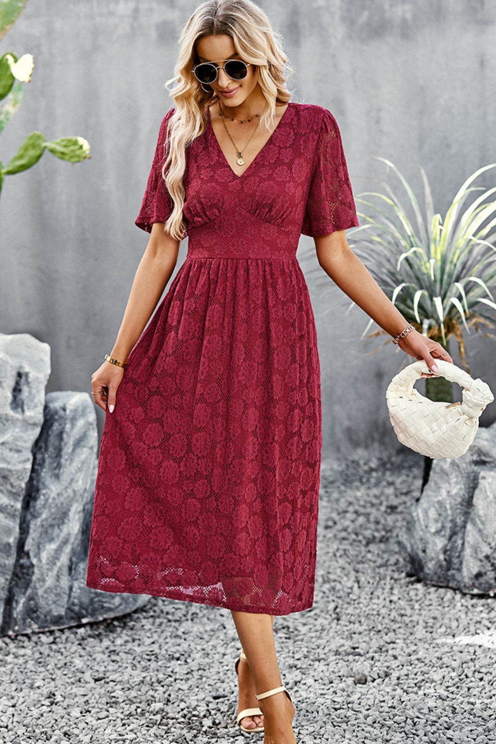 V-Neck Puff Sleeve Lace Midi Dress