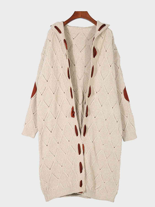 Openwork Long Sleeve Open Front Hooded Cardigan