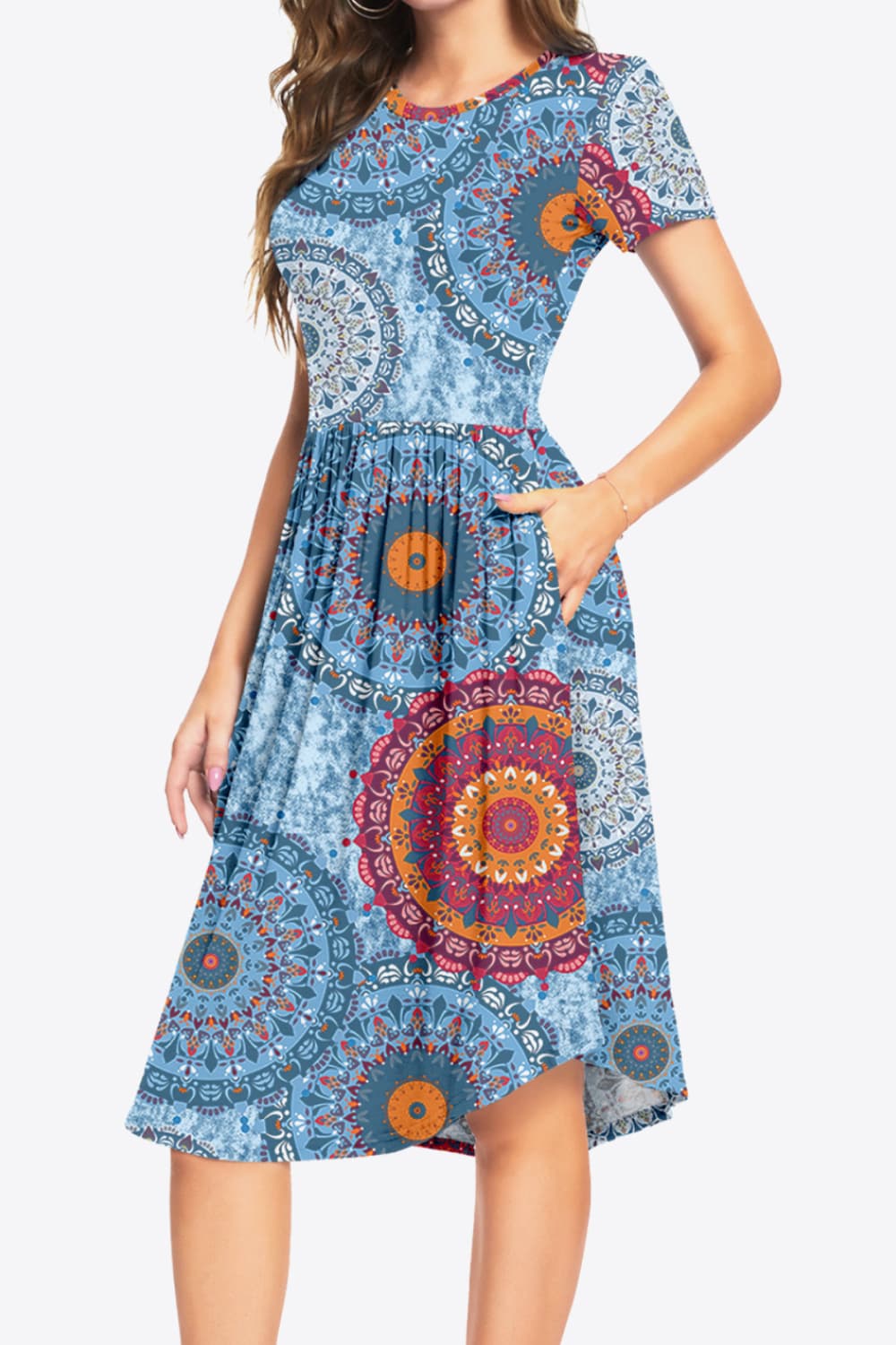 Printed Round Neck Short Sleeve Dress with Pockets