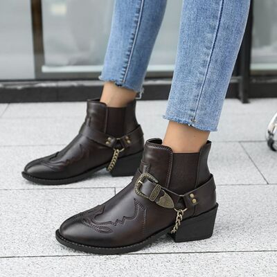 Chain PU Leather Block Heel Boots