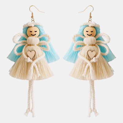 Wood Cotton Cord Brass Angel Dangle Earrings
