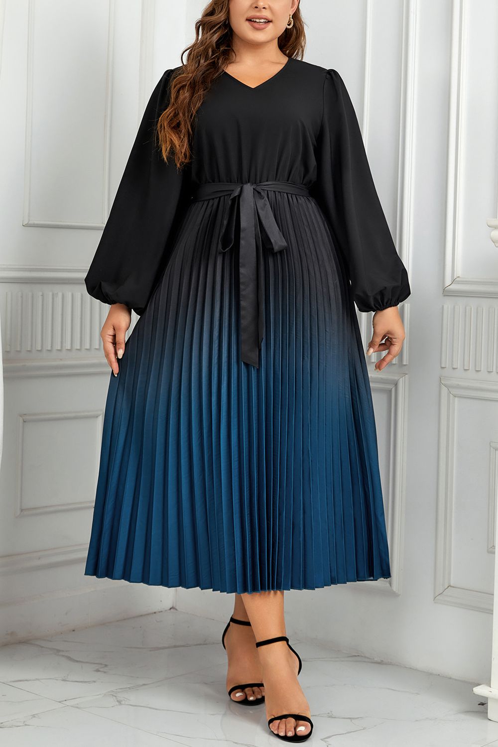 Plus Size V-Neck Long Sleeve Pleated Tie Waist Midi Dress