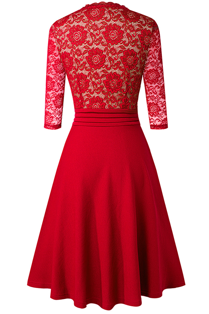 V-Neck Lace Detail Knee-Length Dress