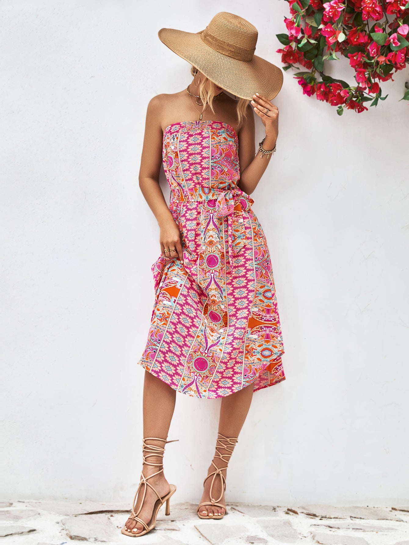 Printed Strapless Tie Belt Dress