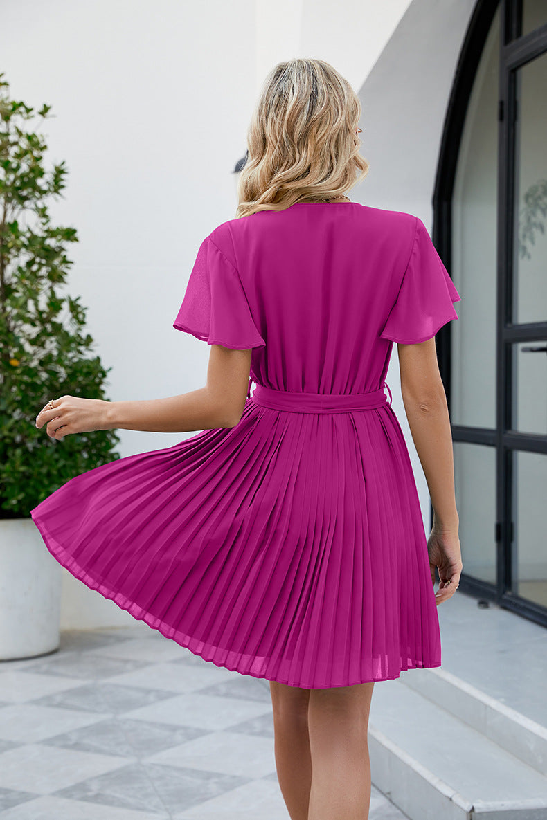 Surplice Neck Tie Waist Flutter Sleeve Pleated Dress