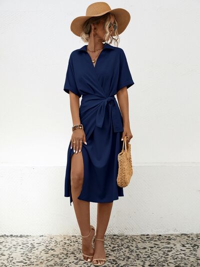 Tied Slit Short Sleeve Dress