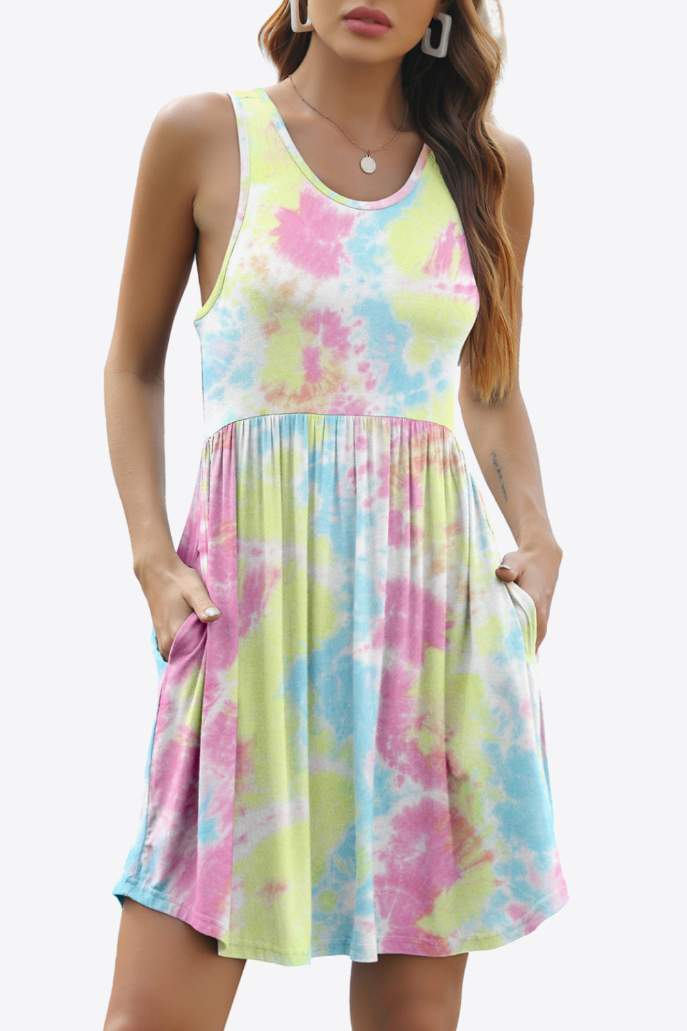 Printed Round Neck Sleeveless Dress with Pockets