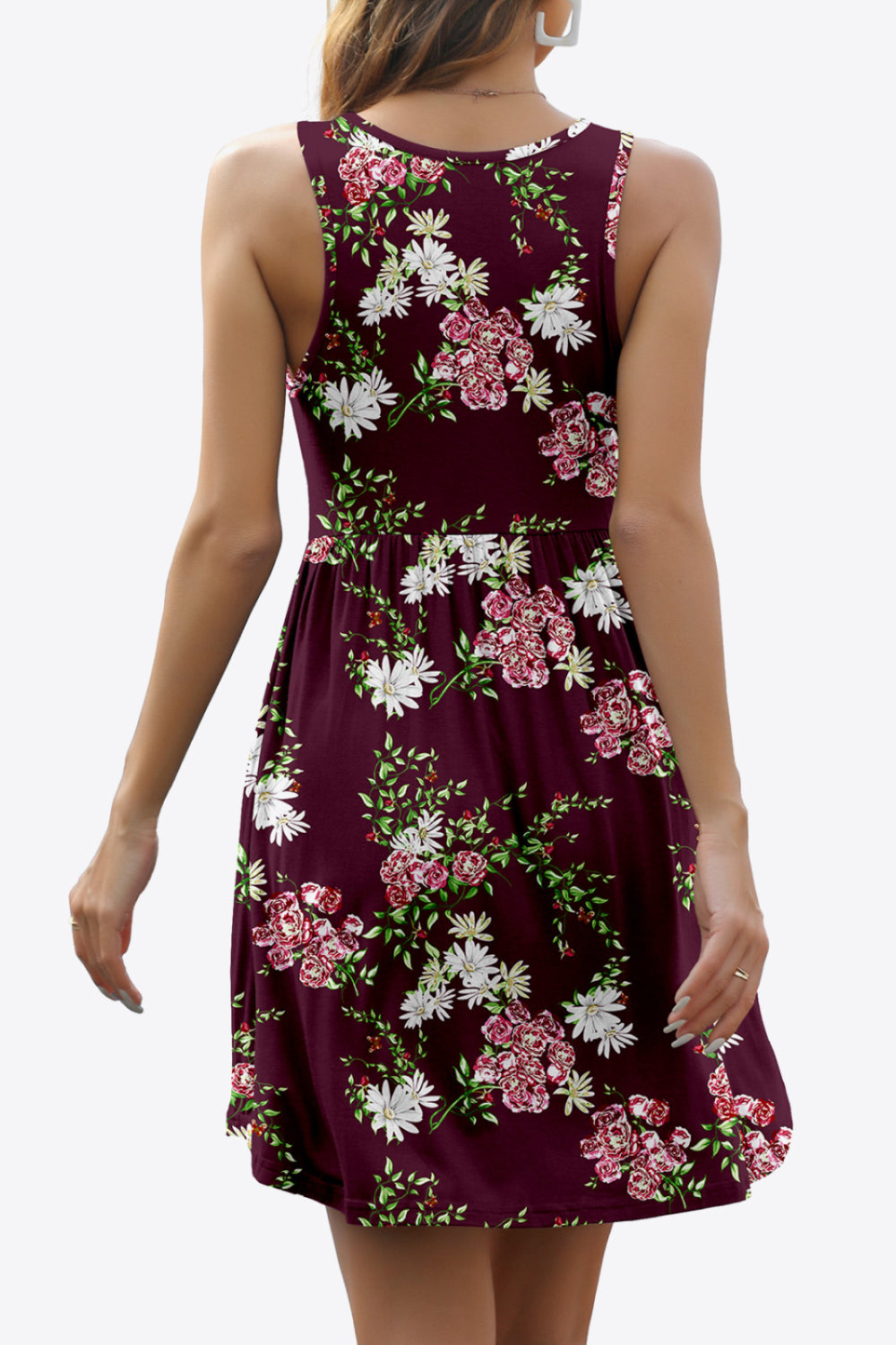 Printed Round Neck Sleeveless Dress with Pockets