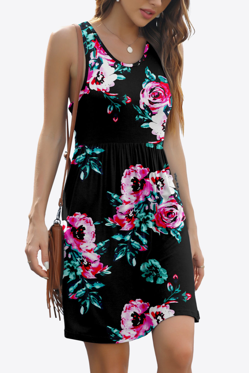 Printed Round Neck Sleeveless Dress with Pockets