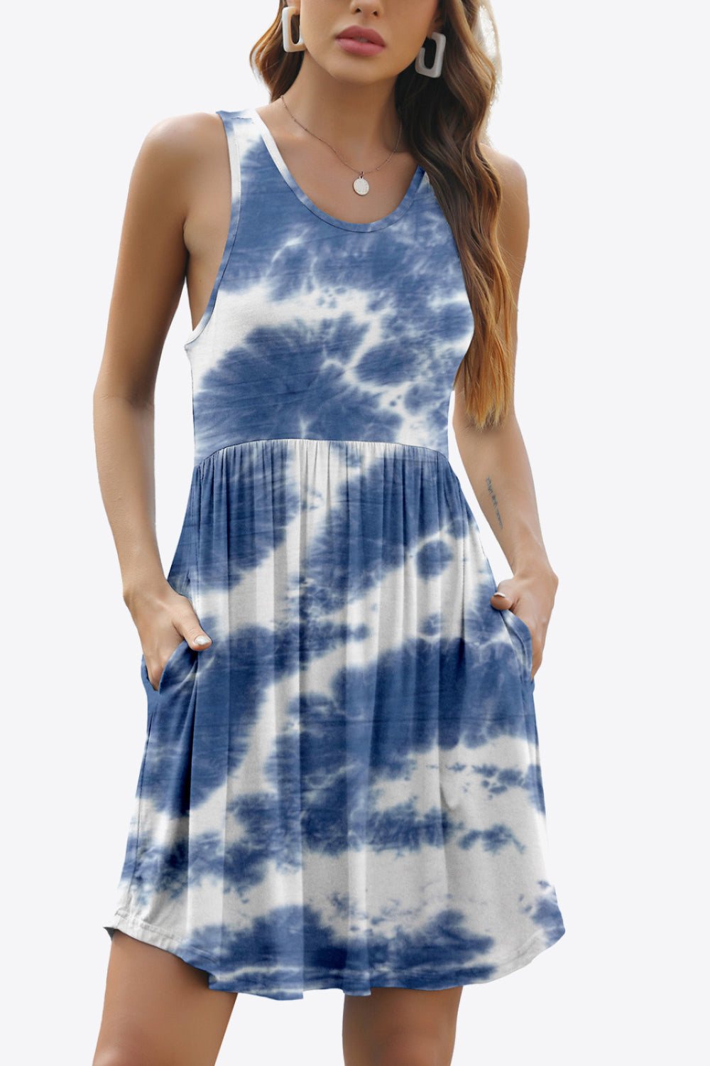 Printed Round Neck Sleeveless Dress with Pockets