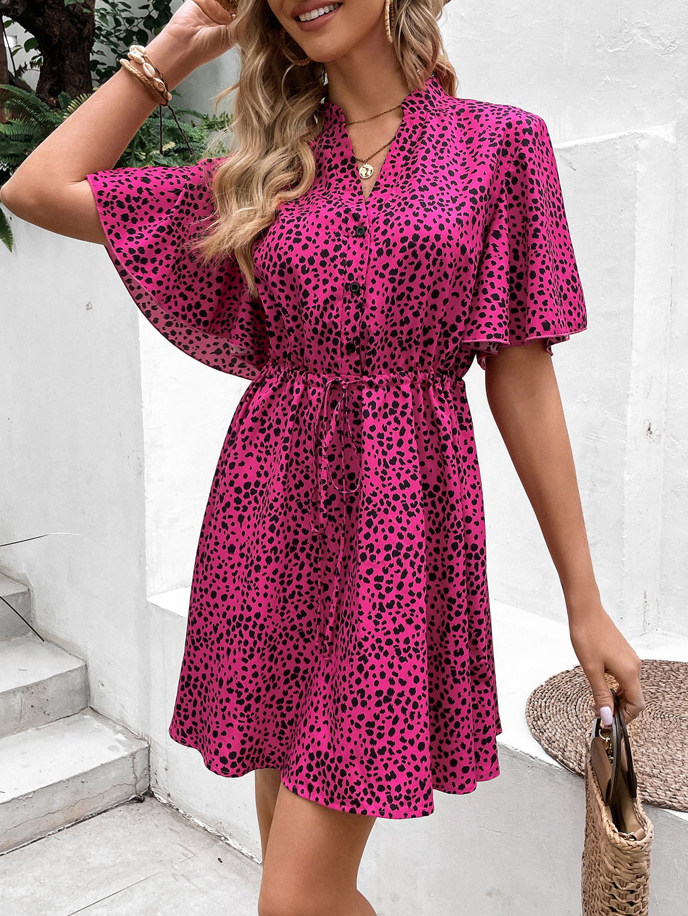 Printed Drawstring Waist Flutter Sleeve Dress