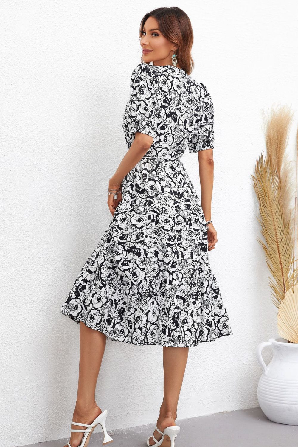 Floral Collared Neck Puff Sleeve Midi Dress