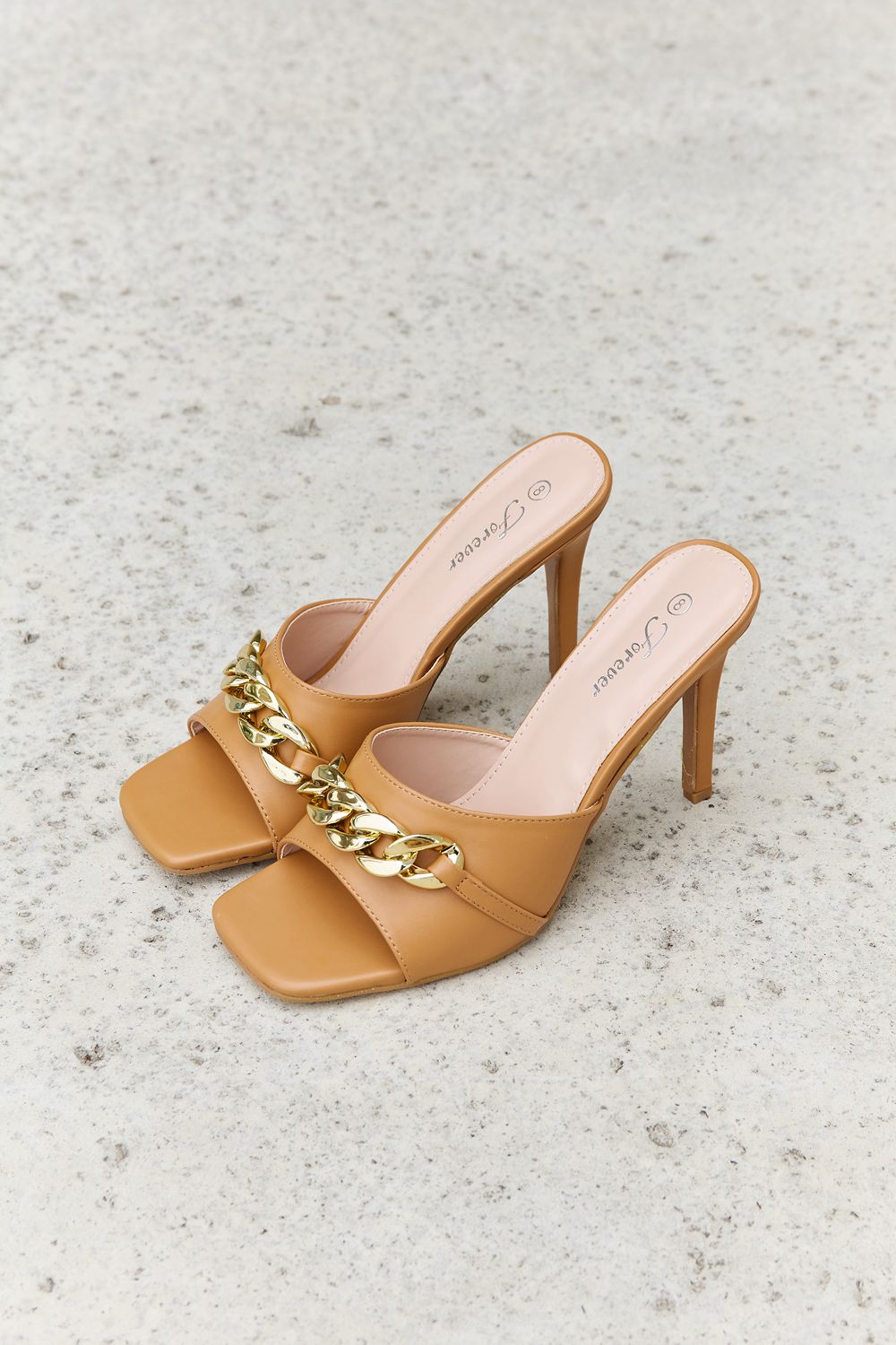 Forever Link Single Strap Chain Detail Mule Heels in Tan