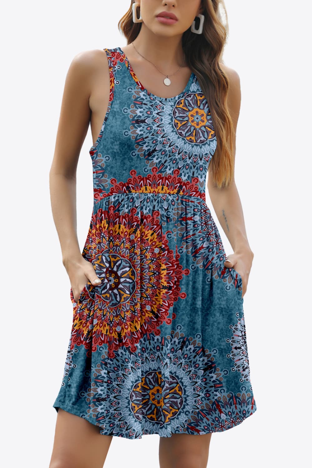 Printed Round Neck Sleeveless Dress with Pockets