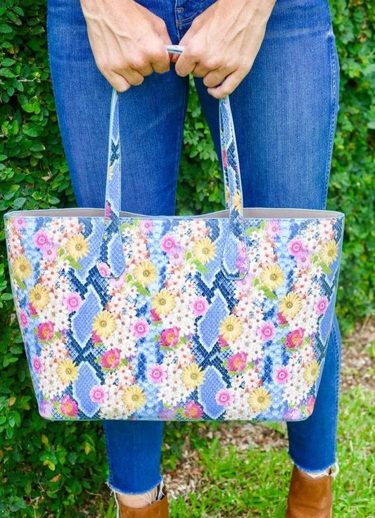 Cassie Shoulder Snake Blue Floral Tote