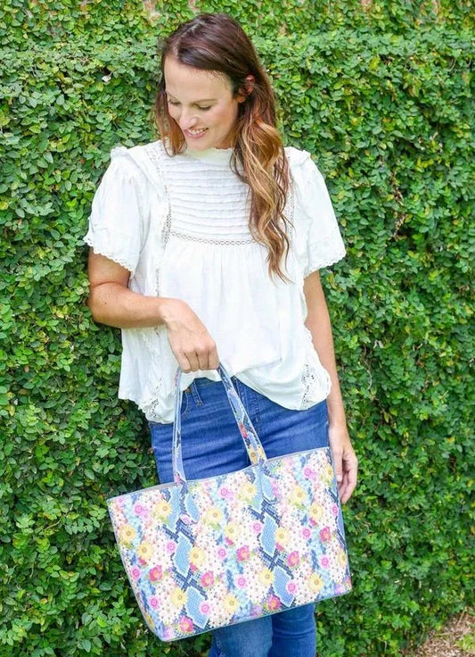 Cassie Shoulder Snake Blue Floral Tote